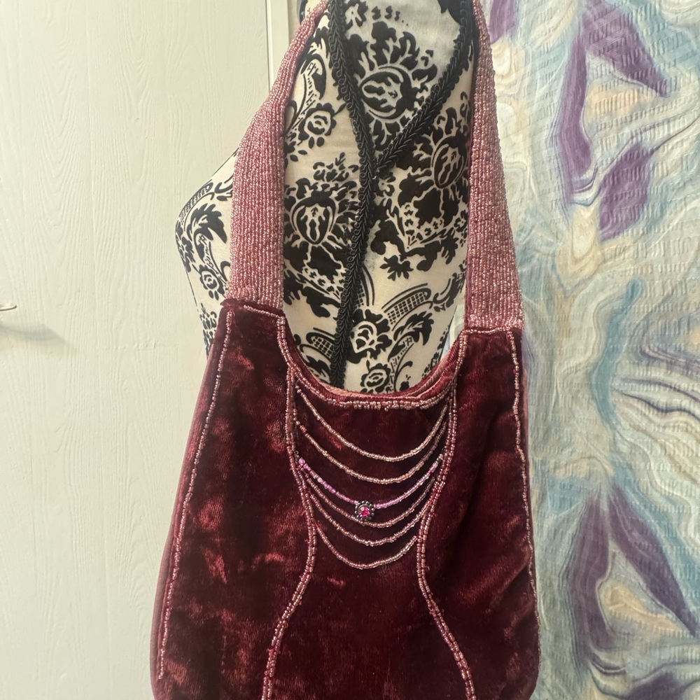 ✨ CLEAN Vintage Burgundy Beaded Velvet Shoulder Bag- Handmade in India ✨